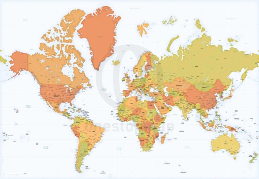 world mercator projection map with country outlines
