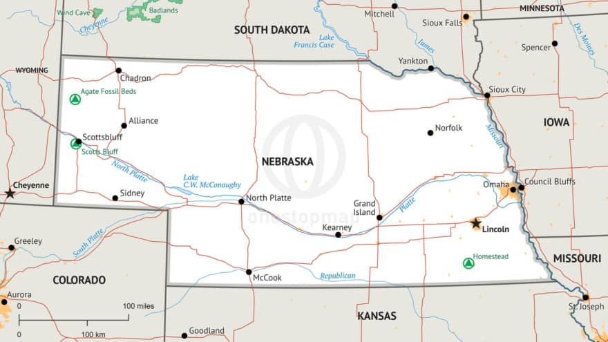 Vector Map of Nebraska political | One Stop Map