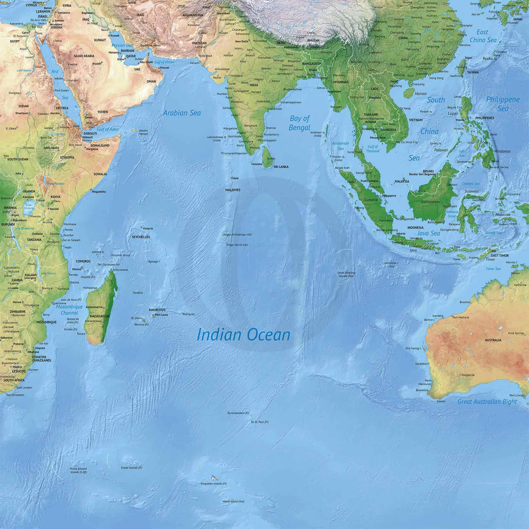 Vector Map of the Indian Ocean political with shaded relief | One Stop Map