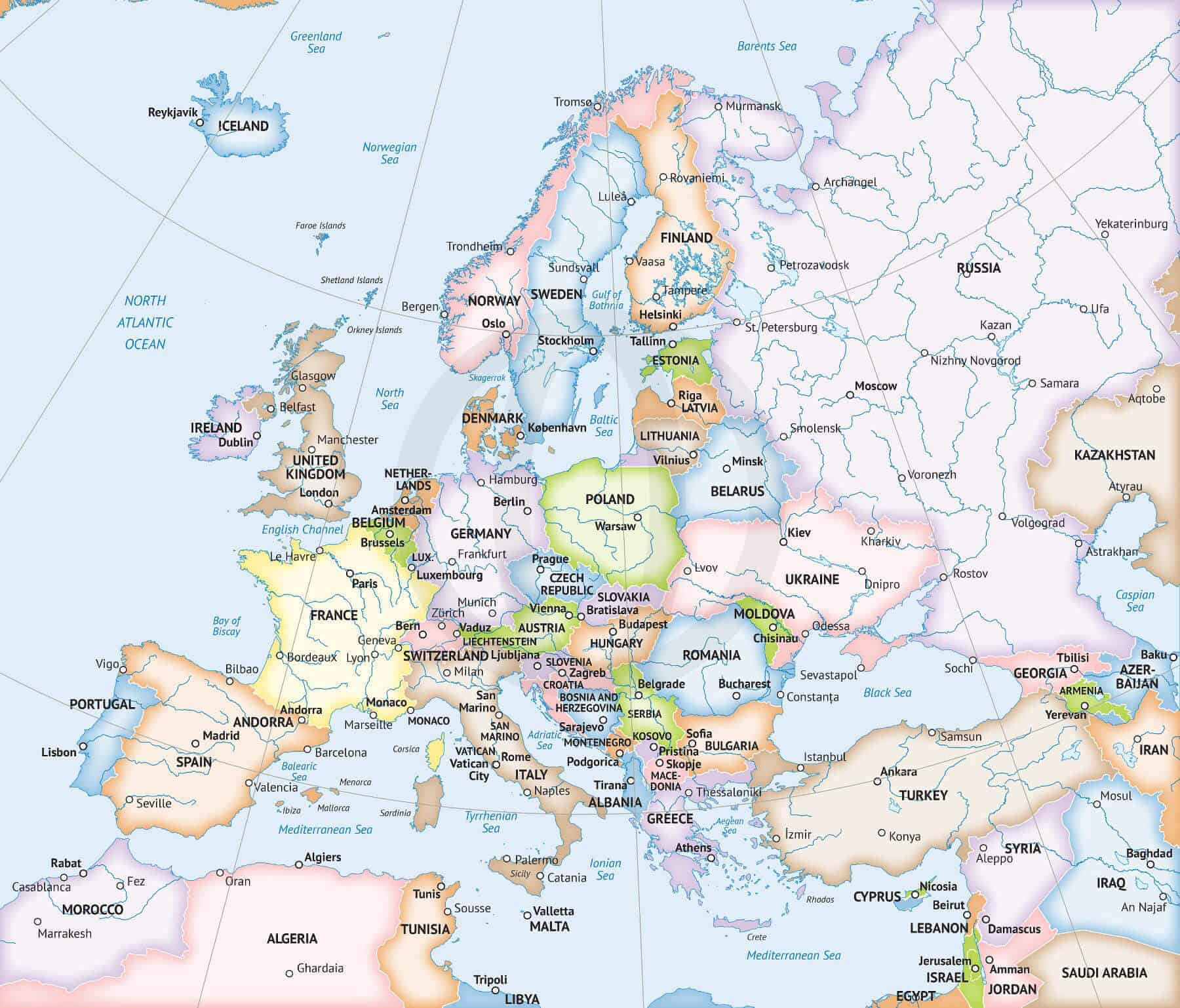 Vector Map of Europe Continent Political One Stop Map
