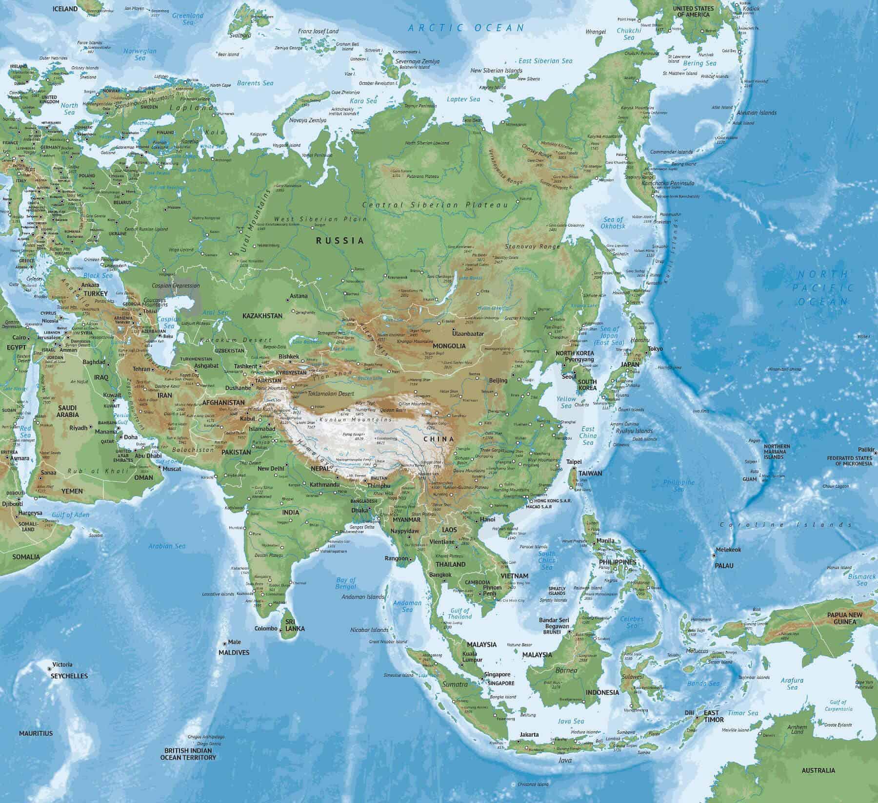 Vector Map of Asia Continent Physical | One Stop Map